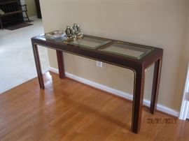 70's Brass Trim and glass inserts sofa table. Perfect size