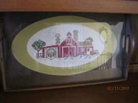 Wood framed and glass covered tray with cross stitch center
