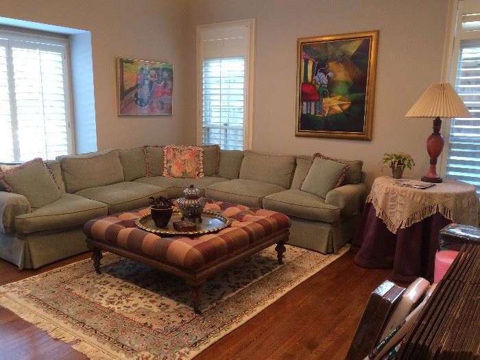 (Art is not for sale )  sectional couch , lamps, area rugs,  round table 