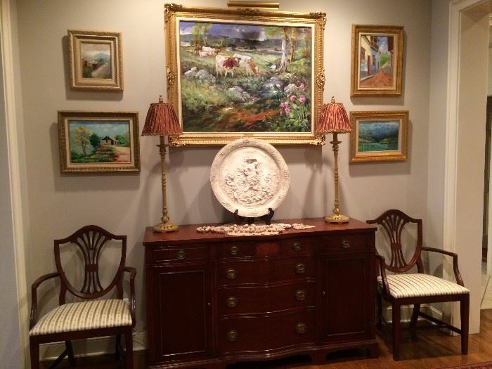 (art is not for sale)   buffet , lamps, dining room chairs
