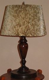 Dark Pine Wood Turned Table Lamp with Pleated Camo Shade