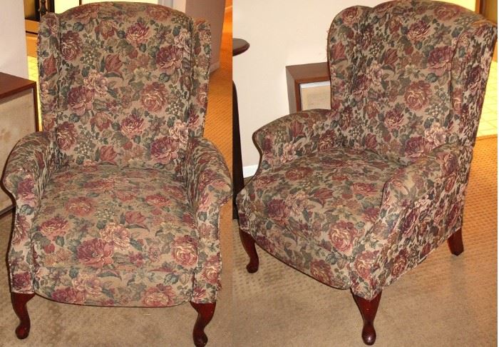 Vintage Rose Upholstery Wing-Back Easy Chair with Queen Anne Legs.  (View of front & side)
