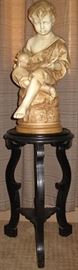 Vintage 24" "Boy with Apple" Plaster Cast Statuary with Makers Mark shown on an Antique Black Plant Stand (13"D x25"H)