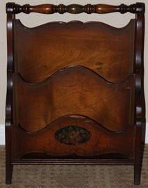 Depression Era Double Slot Magazine Caddy/Rack with Turned Handle and Stenciled Front