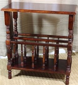 Vintage Mahogany Side Table with Turned Spindle Magazine Rack Base (22"W x 24"H x 11.5"D)