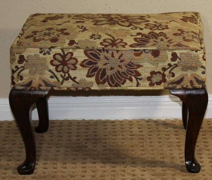 Earth Tone Tapestry Foot Stool Raised on Mahogany Queen Anne Cabriole Legs (19"L x 13"W x 13.5"H)