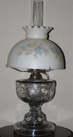 Antique Large Pattern Glass Oil Lamp W/ Electric Adapter and Late Floral Glass Shade