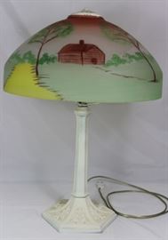 Antique/Vintage Art Deco Cast Metal Table Lamp (21"H) with (15.5"D) Reversed Painted Glass Shade  