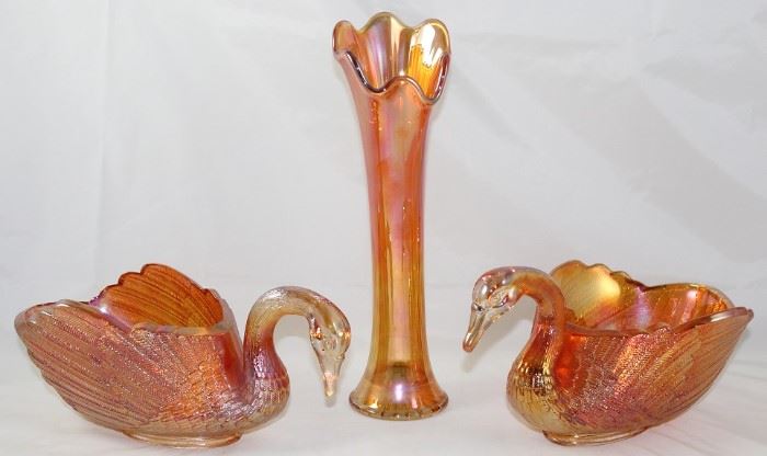 Imperial Glass Co:  Marigold Carnival Glass 9" Open Swans and Tulip Swung 11 1/4" Vase