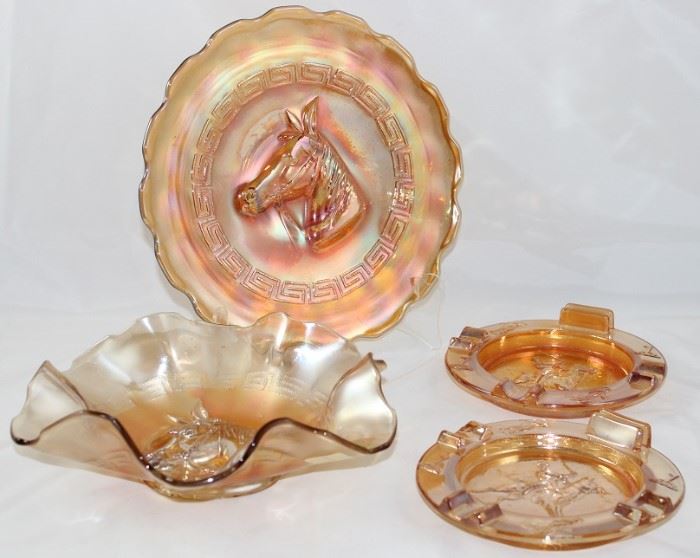 L.G. wight  Glass Co "Pony" Marigold iridescent Greek Key:  (SOLD) Ruffle Edge Bowl (8.5" ) and (SOLD)Scalloped Edge Plate (9").   Iridescent Marigold "Polo Player" Ashtrays (5 3/4") w/Matchbook Insert (2ea.)