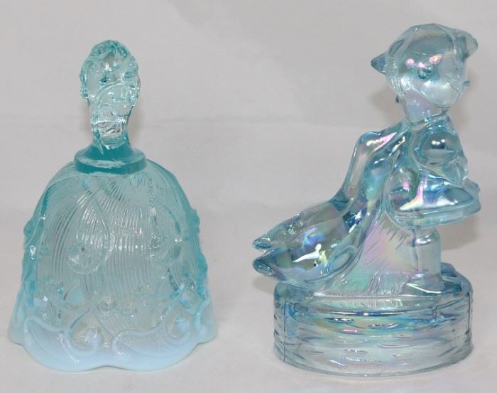 Fenton Glass Company "Lily of the Valley" Opalescent Aqua Blue Bell & L.E. Smith Glass "Girl with Goose" Blue Figurine (6")