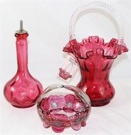 L.G. Wright "Thumbprint" Cranberry Barber Bottles, Fenton "Coin Dot" Cranberry Basket with Crystal Twisted Handle  Fred E Bruce Handler (11" x 6.5") (SOLD) and Westmoreland Flashed Cranberry "Pansy" Basket 