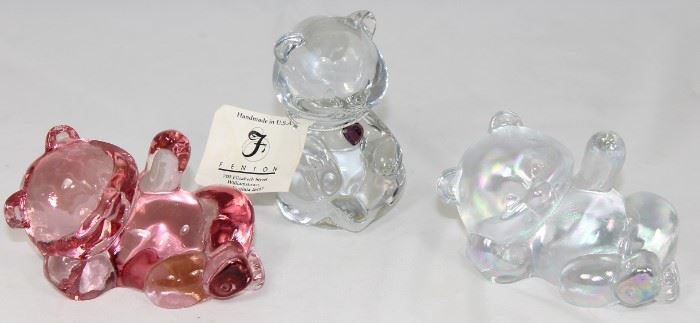 Fenton Glass Co. Birthstone Bear February and September (not shown) and Pink and Satin Glass Reclining Bear Figurine