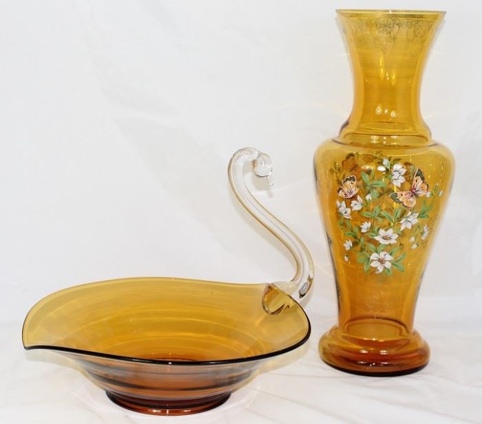 Duncan Miller Amber/Clear Blown Glass  Open Swan Dish 12"L x 11" W x 10"H shown with Amber Glass 16" Italian Vase with Butterfly and Floral