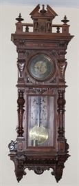 Antique Gustav Becker ( ? ) Vienna Regulator Wall Clock,  dated on back 1902. Beautiful Walnut Wood Case Incised (3) Weights & Pendulum, key wound time, strike and chime. Approximately 50"H x 20"W.  