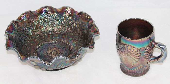 Fenton Glass Co. "Persian Medallion" Amethyst Carnival Glass Bowl (7 1/2" x 3") and Dugan Glass Co "Beaded Shell" Blue Cobalt Carnival Mug