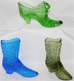Fenton Glass Co. "Hobnail" Green Cat in Shoe and "Daisy and Button" Blue and Green Boot