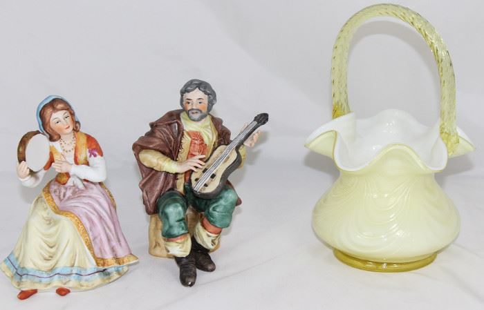 Bisque Porcelain Gypsy Man & Woman Figurine.  Fenton Topez Yellow Cased Glass Basket
