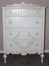 Depression Era White with Gold 4 piece Bedroom Suite: Highboy Chest