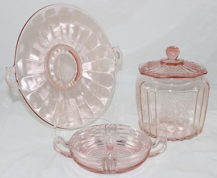 Pink Depression Glass: Serving Tray, "Sharon" Biscuit Jar(SOLD) & Anchor Hocking "Manhattan" Pink Relish/Berry Bowl
