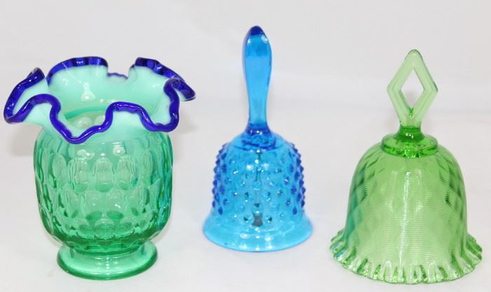 Fenton Glass Co.:  (SOLD) "Thumbprint" Green Cobalt Crest Opalescent 5" Vase,  Colonial Blue Hobnail Bell, "Threaded Optic" Green Fluted Edge Bell with Open Diamond Handle 