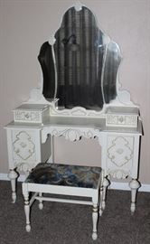 Depression Era White with Gold 4 piece Bedroom Suite: Vanity with Stool