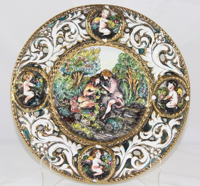 Capodimonte Made in Italy Hand Painted Pierced Repousse 10" Plate Depicting Love Scene Surrounded by Putti's