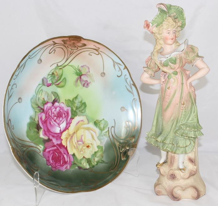 C.T. Altwasser Germany 12" Hand Pained Roses Plate shown with 15" Porcelain Bisque Lady Figurine