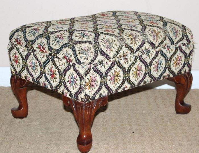 Vintage Footstool with Black Lattice Rose Tapestry on Mahogany Cabriole Legs  (18"W x 13.5"D x 12"H)