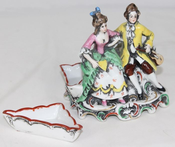 Antique Germany Porcelain Courting Couple Cigarette Caddy with Ashtray