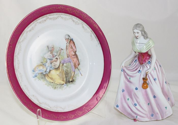 CarlToelsch Altwasser Germany Courting Scene Cabinet Plate (10") shown with a Capodimonte Porcelain Lady Figurine (8"H)