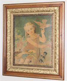 Antique Oak and Gold Gilt 6" Frame  with a Chromolithograph Print, Young Girl with Pigeons  (1890-1910)  (overall 26" x 30")