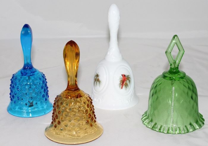Fenton Glass Co.:  Colonial Blue Hobnail Bell, Amber "Hobnail",  "Winter Cardinals" Milk Glass Bell, "Threaded Optic" Fluted Edge Green Bell with Open Diamond Handle