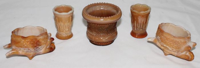 Joe St. Clair Slag Glass: Wheel Barrel Salt Cellar/Cache Pot (2 ea), Cactus Toothpick Holder (2 ea.) and Holly Pattern Urn Toothpick Holder