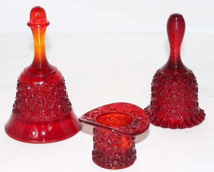 Fenton Glass Co. Amberina Red "Daisy & Button" Bell (7"), Ruby Red "Daisy & Button" Crimped Edge Beehive Shape and (SOLD) Dagonhart "Daisy & Button" Red Top Hat