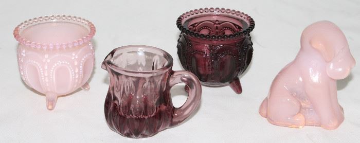 Degenhart (1947-1978): "Gypsy Pot" Pink Pearl and Amethyst Glass, Amethyst Glass Pitcher Toothpick Holder and Pink Pearl "Pooch Pooche" Paperweight Figurine Toothpick Holder