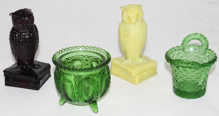 Degenhart Glass (1947-1978): "Wise Owl ", Green Footed "Gypsy Pot" and Green Double Handle Basket Toothpick Holders