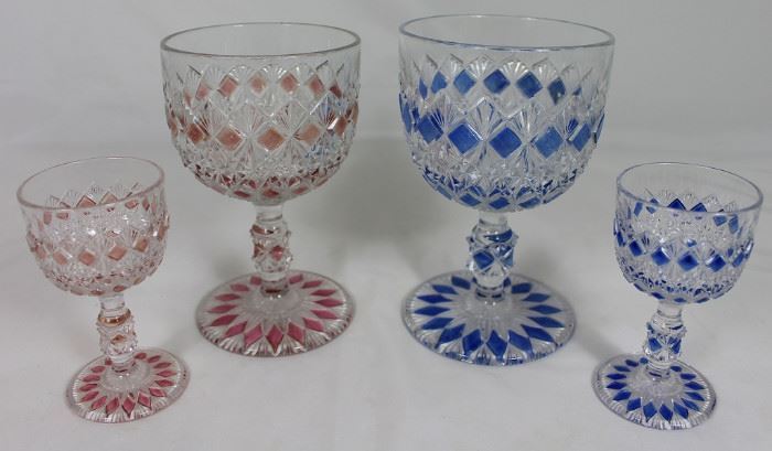 Antique Pattern Glass Goblets Pink and Blue Stained "Diamonds"  Iced Tea and Liqueur 
