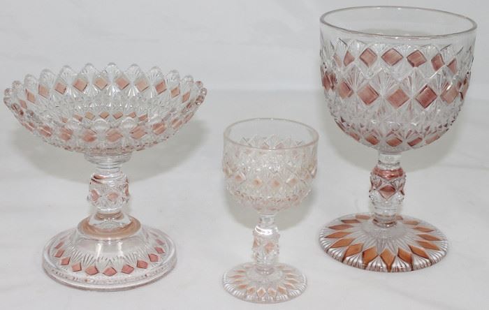 Antique Pattern Glass Goblets Stained "Diamonds"  Compote, Water  and Liqueur Goblet