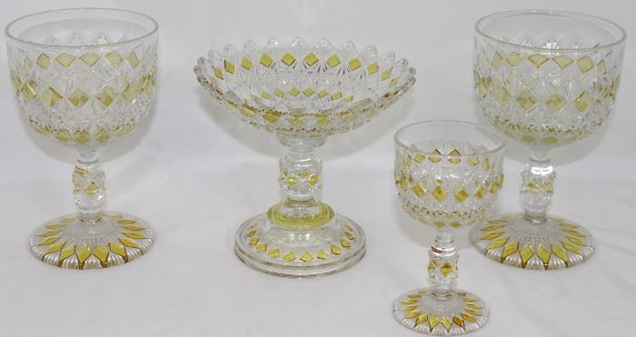 Antique Pattern Glass Stained "Diamonds"  Compote Water (2) and Liqueur Goblets 