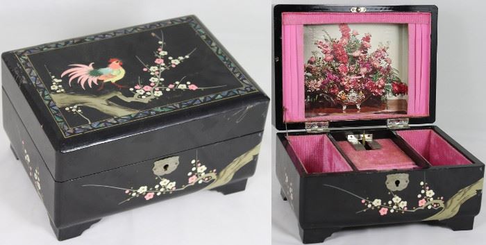 Hand Painted Oriental Black Lacquer Musical Jewelry Box