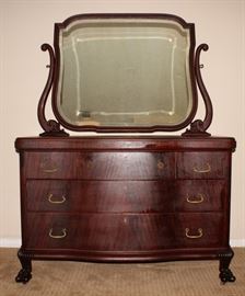 Jordan Marsh & Co. House Furnishing Annex Boston (C1905-1910) Antique Mahogany Serpentine Front Claw Foot Dresser with Harp Back Bevel Mirror 