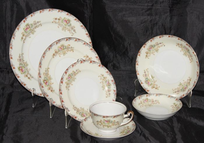 Royal Chester Made in Japan China Set:                                     8-Dinner Plates, 8-Salad Plates, 8-B&B Plates,                 8-Coupe Bowls, 7-Fruit/Dessert Bowls and 5 Cups & Saucers. 1 extra Saucer