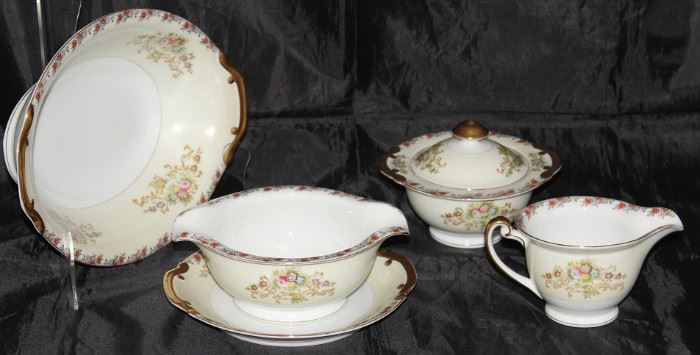 Royal Chester Made in Japan Serving Pieces:                         Oval Vegetable Bowl 11", Gravy Boat with Attached Underplate and Creamer & Sugar w/Lid.  Also, not shown, Platter 14" with chip.