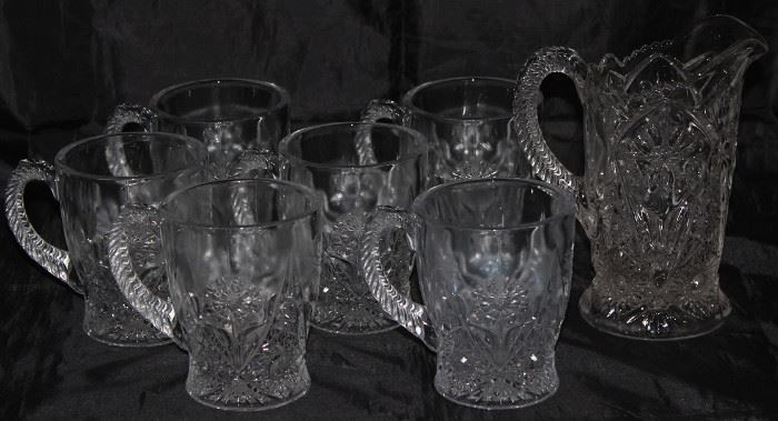 Imperial Glass Co. "Cosmos" Crystal Mugs (set of 6) and 28" Pitcher