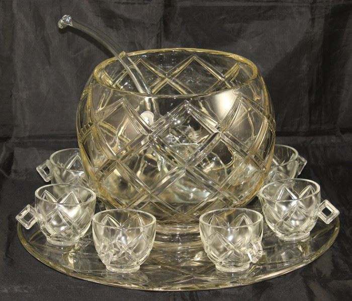 Vintage Diamond Lattice Design Crystal Punch Bowl, Glass Ladle, Cups and Under Plate/Buffet Tray