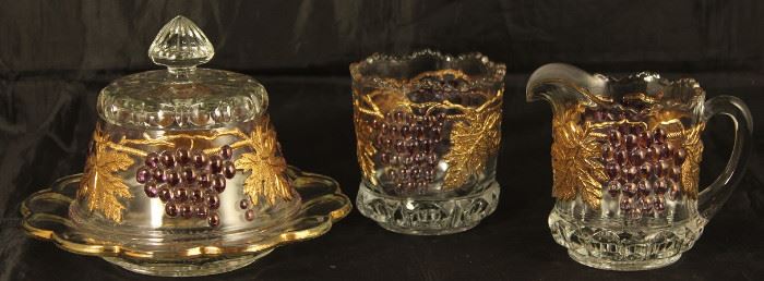 Northwood "Grape and Cable":  Gold Trim Purple Stained Grapes Butter Dish and Open Sugar & Creamer 