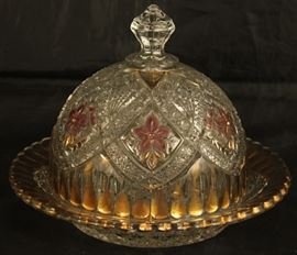 Northwood Early American Pressed Glass Gold Trim Round Dome Butter Dish with Pink Stained Flowers 