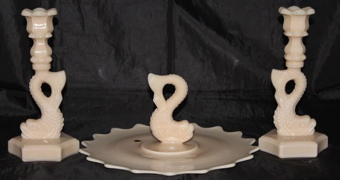 Westmoreland Pink Milk Glass Dolphin Candle sticks and Sandwich Tray