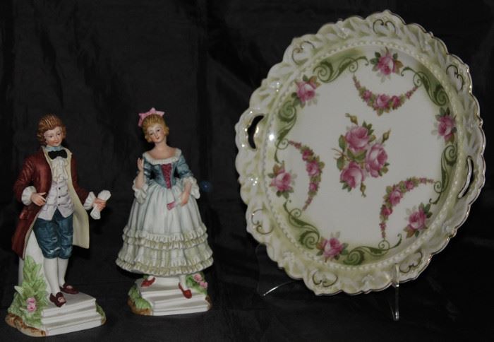 Lefton Vintage Porcelain Bisque Hand Painted Colonial Couple. Figurines shown with Moritz Zoekauer Hallmark  (1884-1902 ) 12" Plate